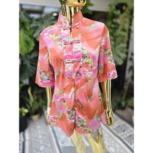 Vintage Waltah Clarke's Hawaiian Mandarin Floral Blouse Pink Orange Size 14